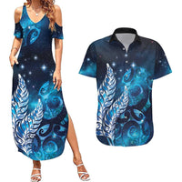 New Zealand Matariki Couples Matching Summer Maxi Dress and Hawaiian Shirt Maori Koru Mix Silver Fern DT04 Blue - Polynesian Pride