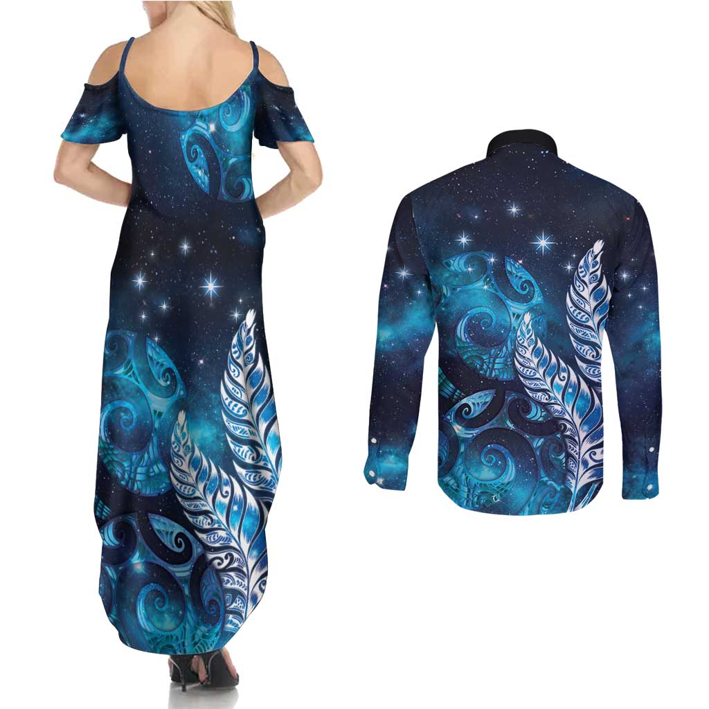 New Zealand Matariki Couples Matching Summer Maxi Dress and Long Sleeve Button Shirt Maori Koru Mix Silver Fern DT04 - Polynesian Pride