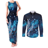 New Zealand Matariki Couples Matching Tank Maxi Dress and Long Sleeve Button Shirt Maori Koru Mix Silver Fern DT04 Blue - Polynesian Pride