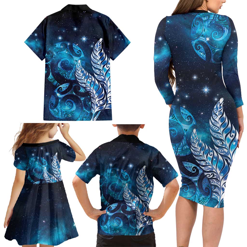 New Zealand Matariki Family Matching Long Sleeve Bodycon Dress and Hawaiian Shirt Maori Koru Mix Silver Fern DT04 - Polynesian Pride