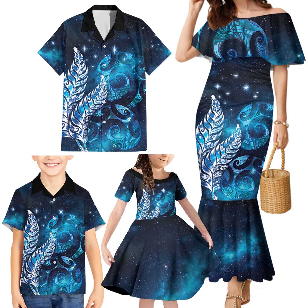 New Zealand Matariki Family Matching Mermaid Dress and Hawaiian Shirt Maori Koru Mix Silver Fern DT04 - Polynesian Pride