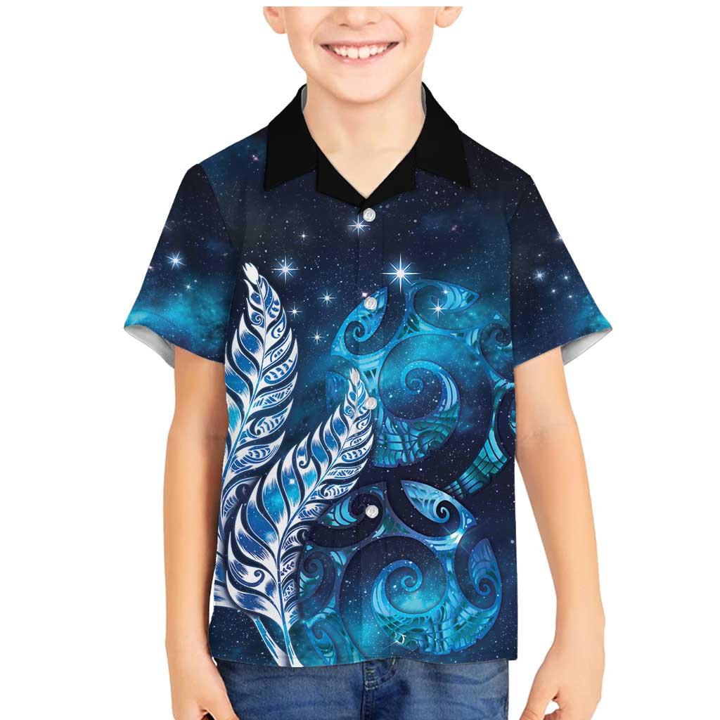 New Zealand Matariki Family Matching Mermaid Dress and Hawaiian Shirt Maori Koru Mix Silver Fern DT04 Son's Shirt Blue - Polynesian Pride