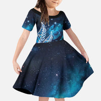 New Zealand Matariki Family Matching Off The Shoulder Long Sleeve Dress and Hawaiian Shirt Maori Koru Mix Silver Fern DT04 Daughter's Dress Blue - Polynesian Pride
