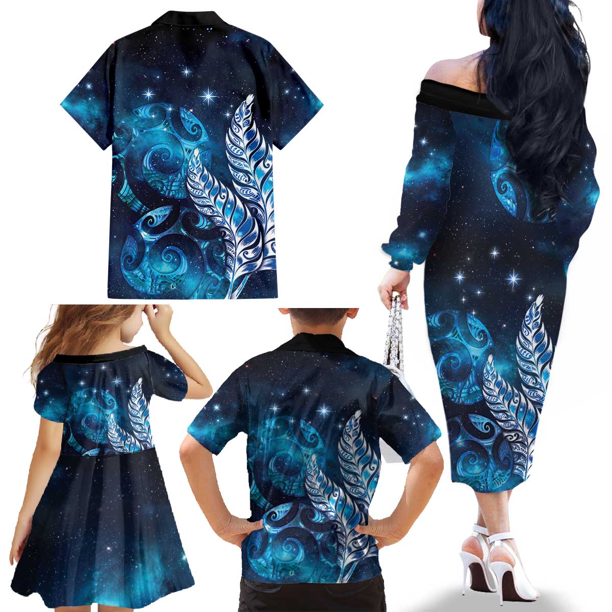 New Zealand Matariki Family Matching Off The Shoulder Long Sleeve Dress and Hawaiian Shirt Maori Koru Mix Silver Fern DT04 - Polynesian Pride