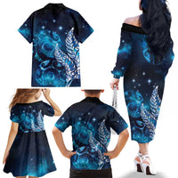 New Zealand Matariki Family Matching Off The Shoulder Long Sleeve Dress and Hawaiian Shirt Maori Koru Mix Silver Fern DT04 - Polynesian Pride