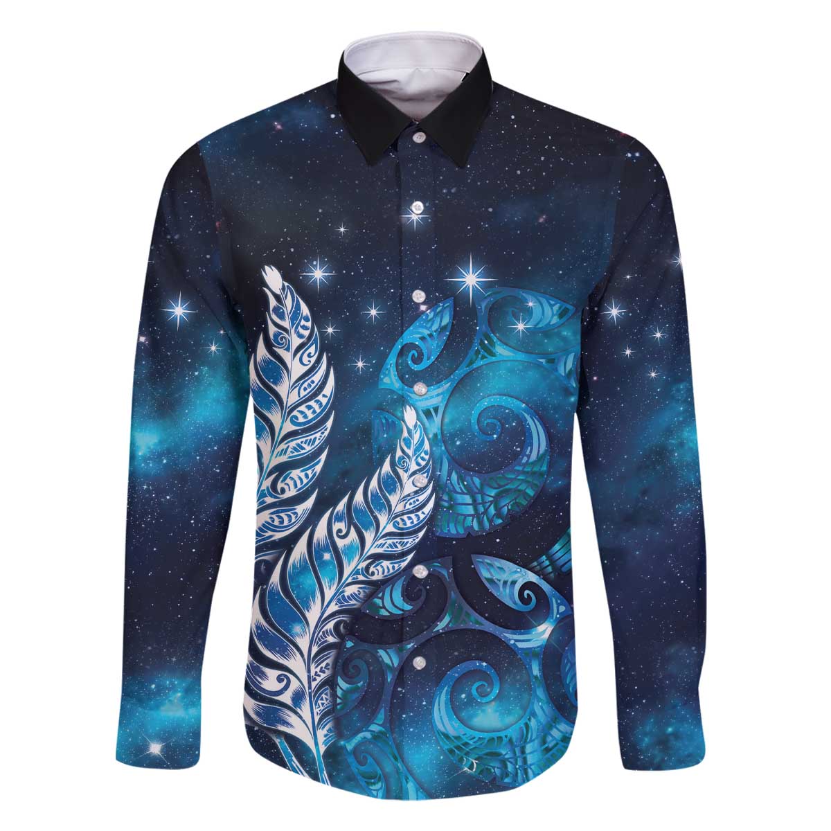 New Zealand Matariki Family Matching Off The Shoulder Long Sleeve Dress and Hawaiian Shirt Maori Koru Mix Silver Fern DT04 Dad's Shirt - Long Sleeve Blue - Polynesian Pride