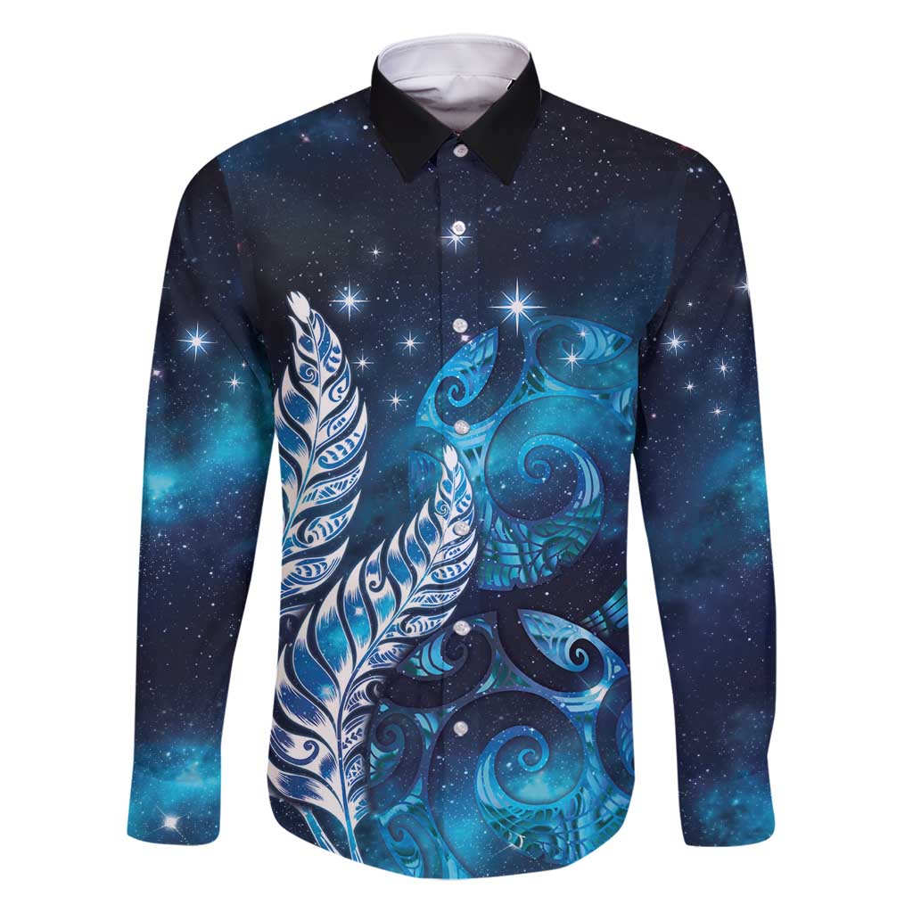 New Zealand Matariki Family Matching Off Shoulder Maxi Dress and Hawaiian Shirt Maori Koru Mix Silver Fern DT04 Dad's Shirt - Long Sleeve Blue - Polynesian Pride