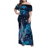 New Zealand Matariki Family Matching Off Shoulder Maxi Dress and Hawaiian Shirt Maori Koru Mix Silver Fern DT04 Mom's Dress Blue - Polynesian Pride