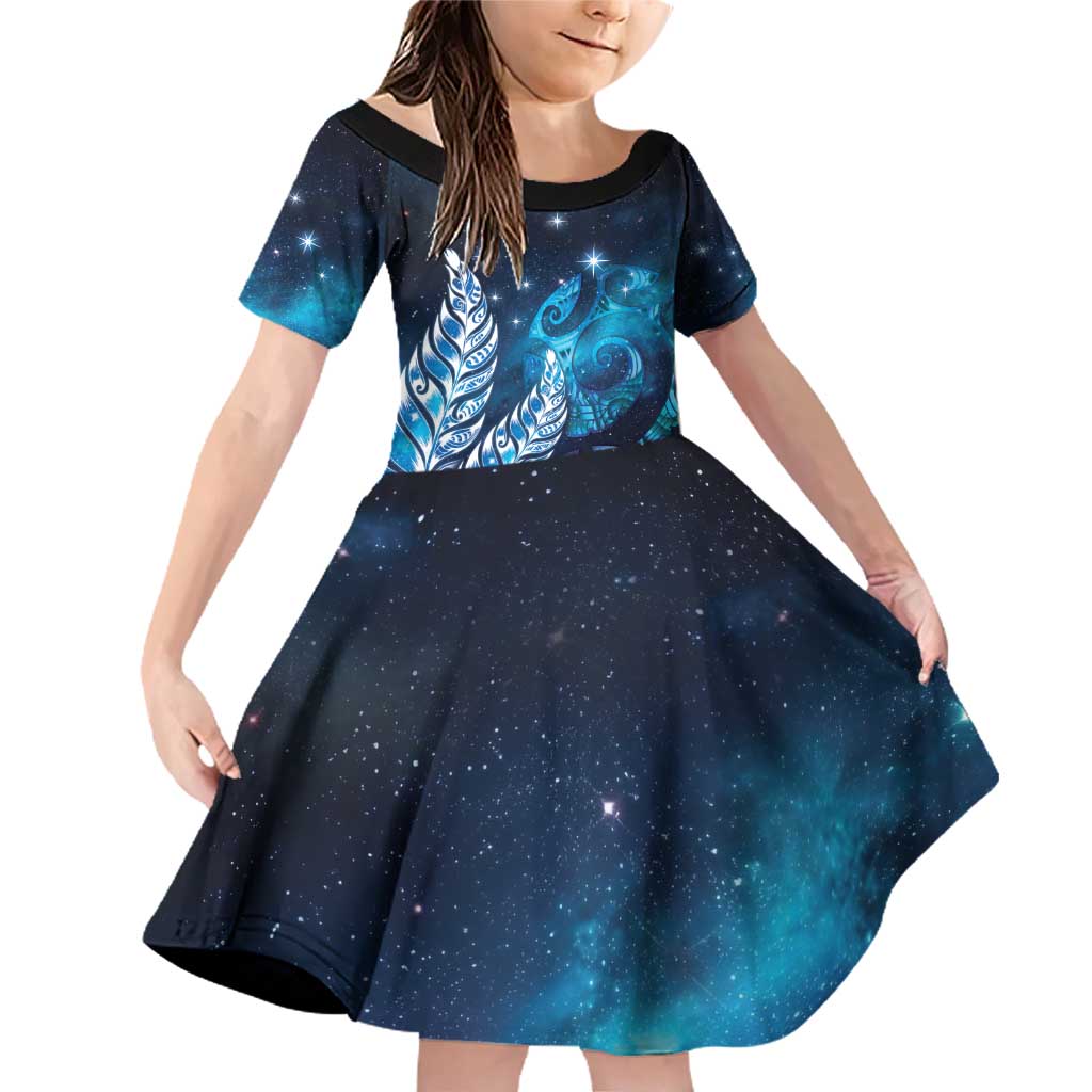 New Zealand Matariki Family Matching Off Shoulder Short Dress and Hawaiian Shirt Maori Koru Mix Silver Fern DT04 Daughter's Dress Blue - Polynesian Pride
