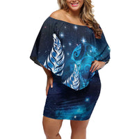 New Zealand Matariki Family Matching Off Shoulder Short Dress and Hawaiian Shirt Maori Koru Mix Silver Fern DT04 Mom's Dress Blue - Polynesian Pride