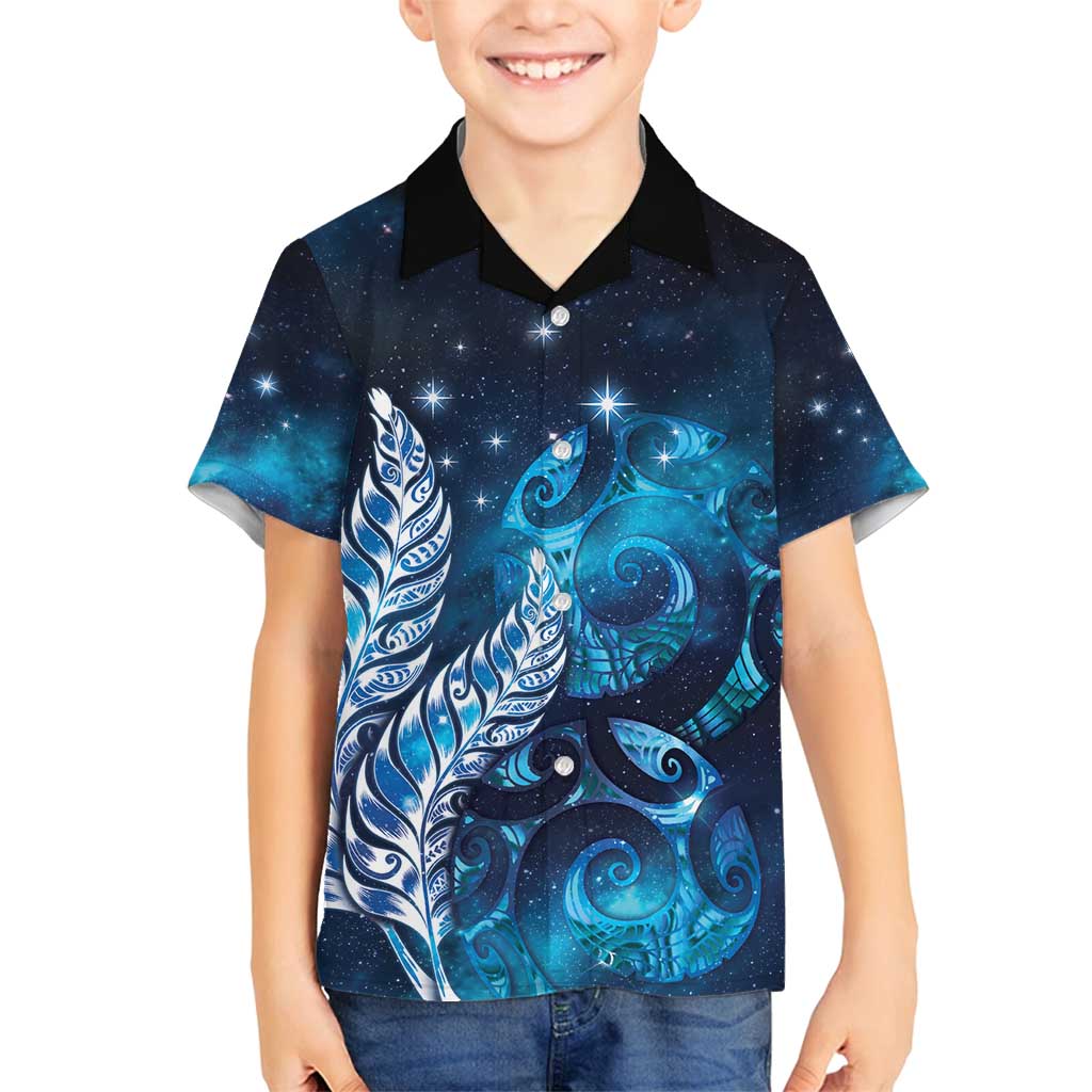 New Zealand Matariki Family Matching Off Shoulder Short Dress and Hawaiian Shirt Maori Koru Mix Silver Fern DT04 Son's Shirt Blue - Polynesian Pride