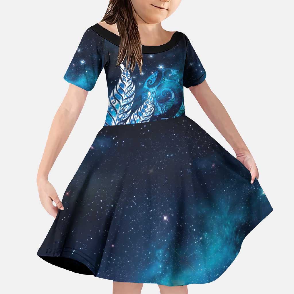 New Zealand Matariki Family Matching Summer Maxi Dress and Hawaiian Shirt Maori Koru Mix Silver Fern DT04 Daughter's Dress Blue - Polynesian Pride