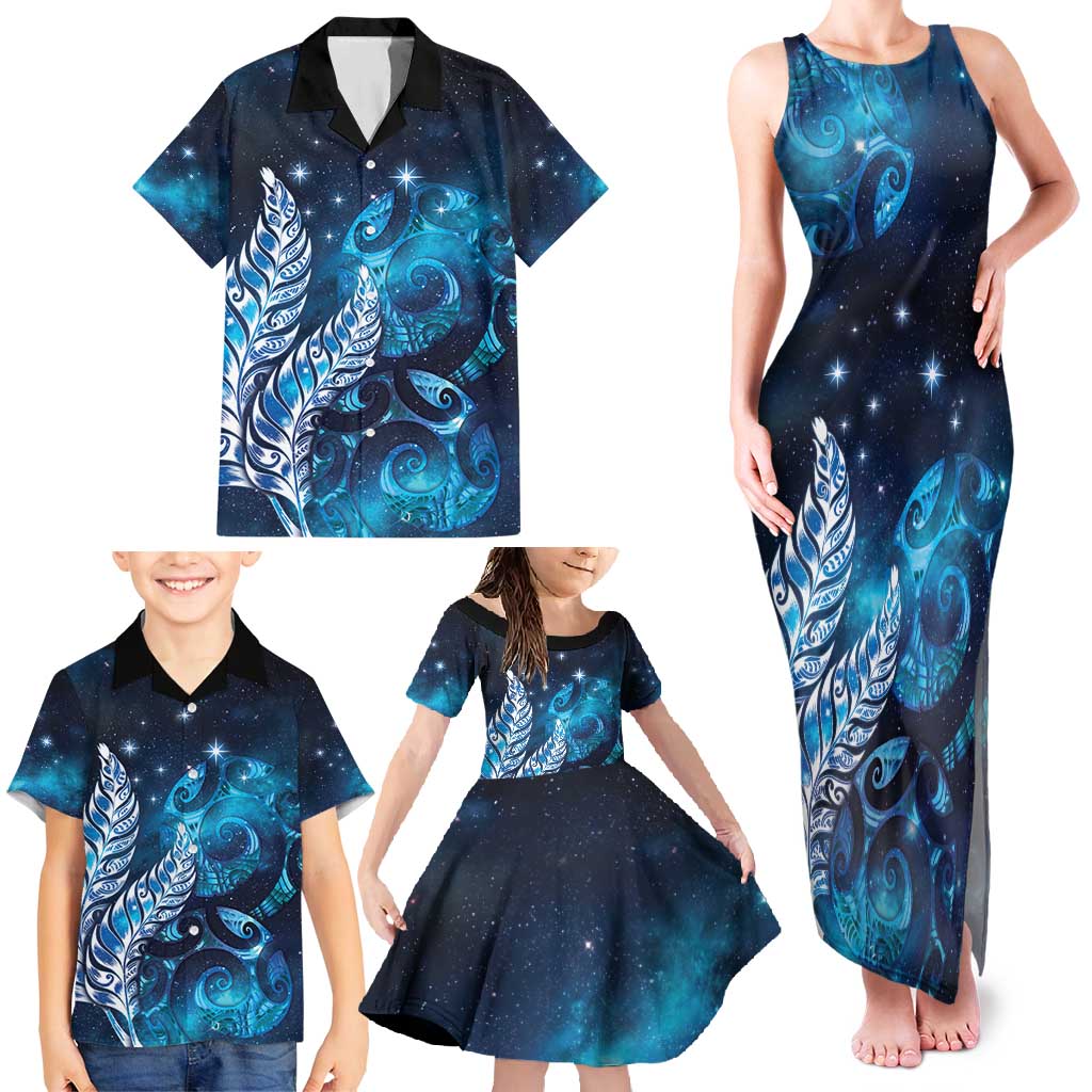 New Zealand Matariki Family Matching Tank Maxi Dress and Hawaiian Shirt Maori Koru Mix Silver Fern DT04 - Polynesian Pride