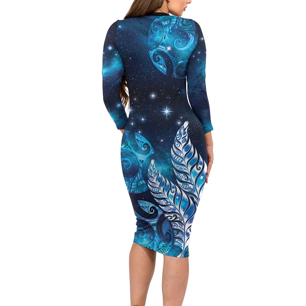 New Zealand Matariki Long Sleeve Bodycon Dress Maori Koru Mix Silver Fern DT04 - Polynesian Pride