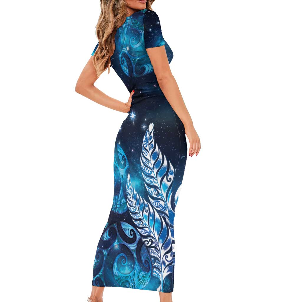 New Zealand Matariki Short Sleeve Bodycon Dress Maori Koru Mix Silver Fern DT04 - Polynesian Pride