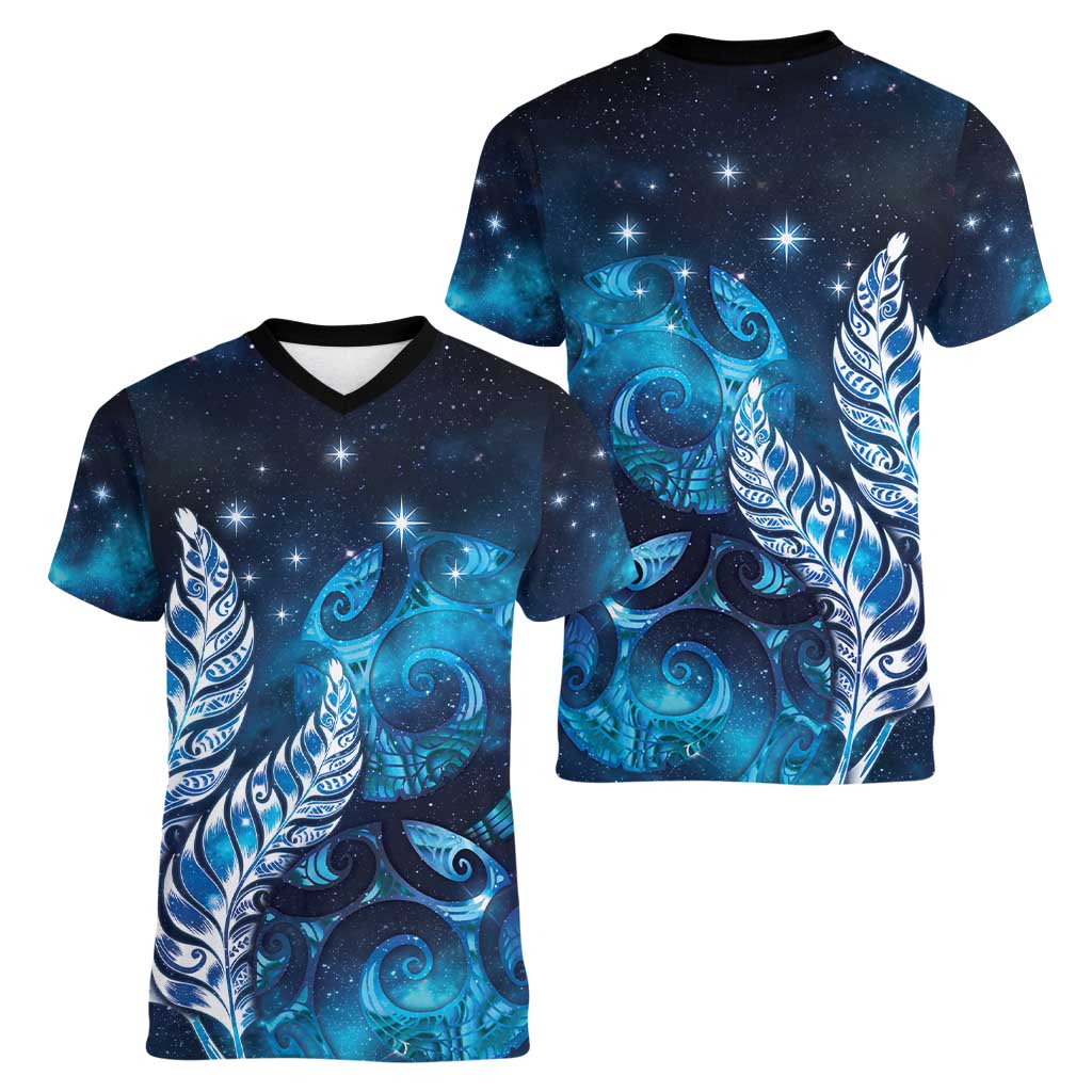 New Zealand Matariki Women V-Neck T-Shirt Maori Koru Mix Silver Fern DT04 - Polynesian Pride