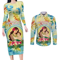 Personalised Hawaii Mother's Day Couples Matching Long Sleeve Bodycon Dress and Long Sleeve Button Shirt I Love You Mom DT04 Yellow - Polynesian Pride