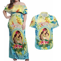 Personalised Hawaii Mother's Day Couples Matching Off Shoulder Maxi Dress and Hawaiian Shirt I Love You Mom DT04 Yellow - Polynesian Pride