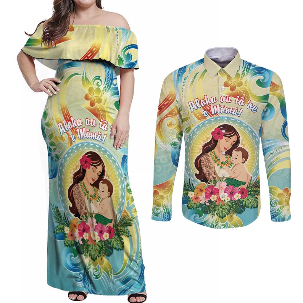 Personalised Hawaii Mother's Day Couples Matching Off Shoulder Maxi Dress and Long Sleeve Button Shirt I Love You Mom DT04 Yellow - Polynesian Pride