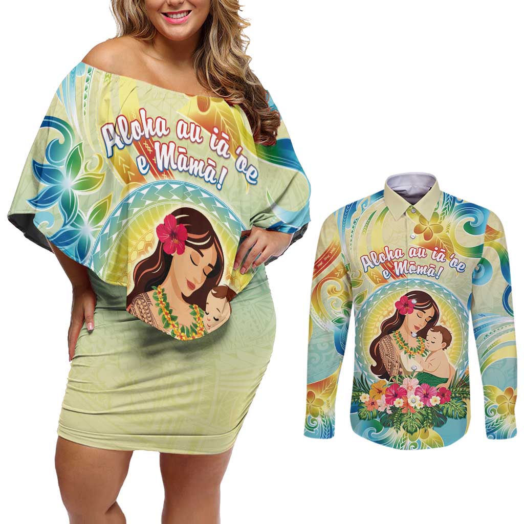 Personalised Hawaii Mother's Day Couples Matching Off Shoulder Short Dress and Long Sleeve Button Shirt I Love You Mom DT04 Yellow - Polynesian Pride