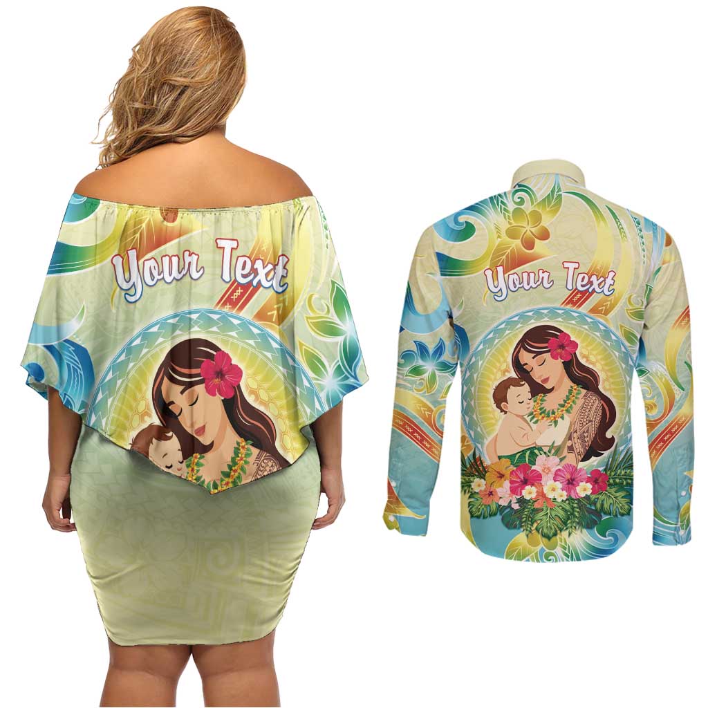 Personalised Hawaii Mother's Day Couples Matching Off Shoulder Short Dress and Long Sleeve Button Shirt I Love You Mom DT04 - Polynesian Pride