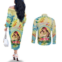 Personalised Hawaii Mother's Day Couples Matching Off The Shoulder Long Sleeve Dress and Long Sleeve Button Shirt I Love You Mom DT04 - Polynesian Pride