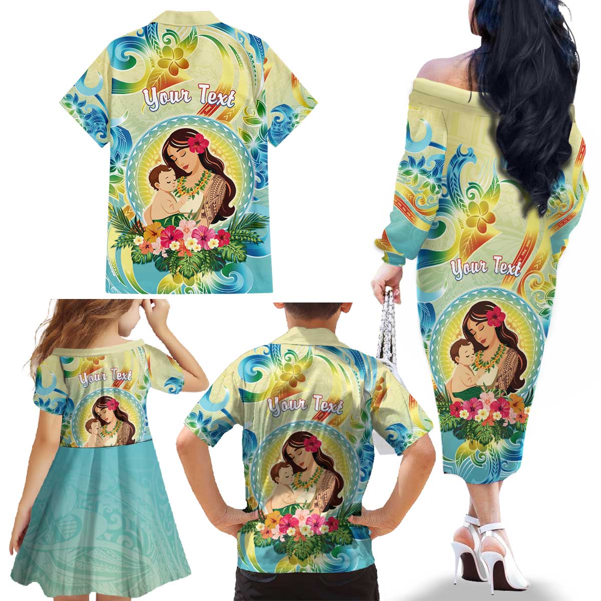 Personalised Hawaii Mother's Day Family Matching Off The Shoulder Long Sleeve Dress and Hawaiian Shirt I Love You Mom DT04 - Polynesian Pride