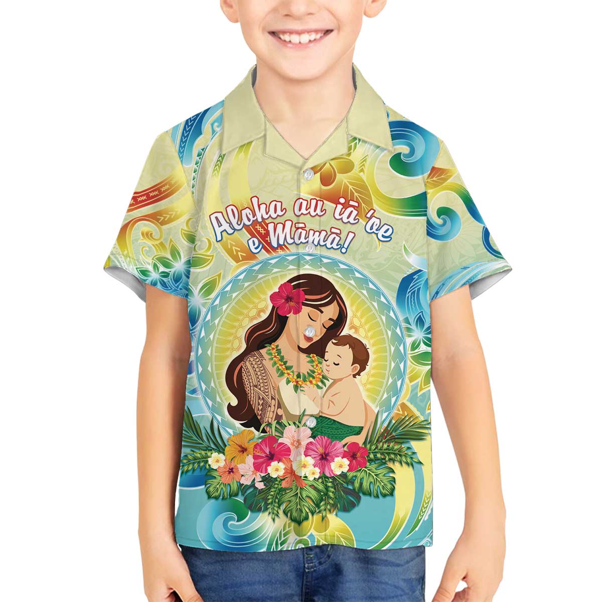 Personalised Hawaii Mother's Day Family Matching Off The Shoulder Long Sleeve Dress and Hawaiian Shirt I Love You Mom DT04 Son's Shirt Yellow - Polynesian Pride