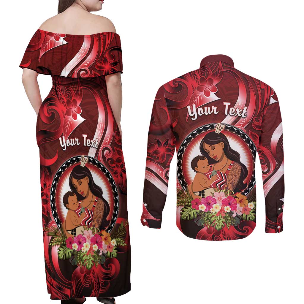Personalised New Zealand Mother's Day Couples Matching Off Shoulder Maxi Dress and Long Sleeve Button Shirt I Love You Mom DT04 - Polynesian Pride