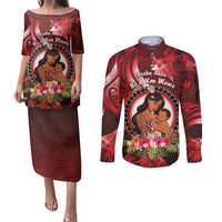 Personalised New Zealand Mother's Day Couples Matching Puletasi and Long Sleeve Button Shirt I Love You Mom DT04 Red - Polynesian Pride