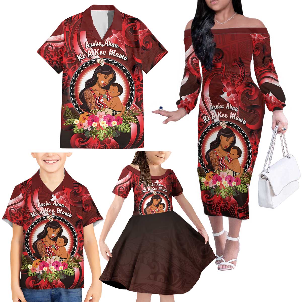 Personalised New Zealand Mother's Day Family Matching Off The Shoulder Long Sleeve Dress and Hawaiian Shirt I Love You Mom DT04 - Polynesian Pride