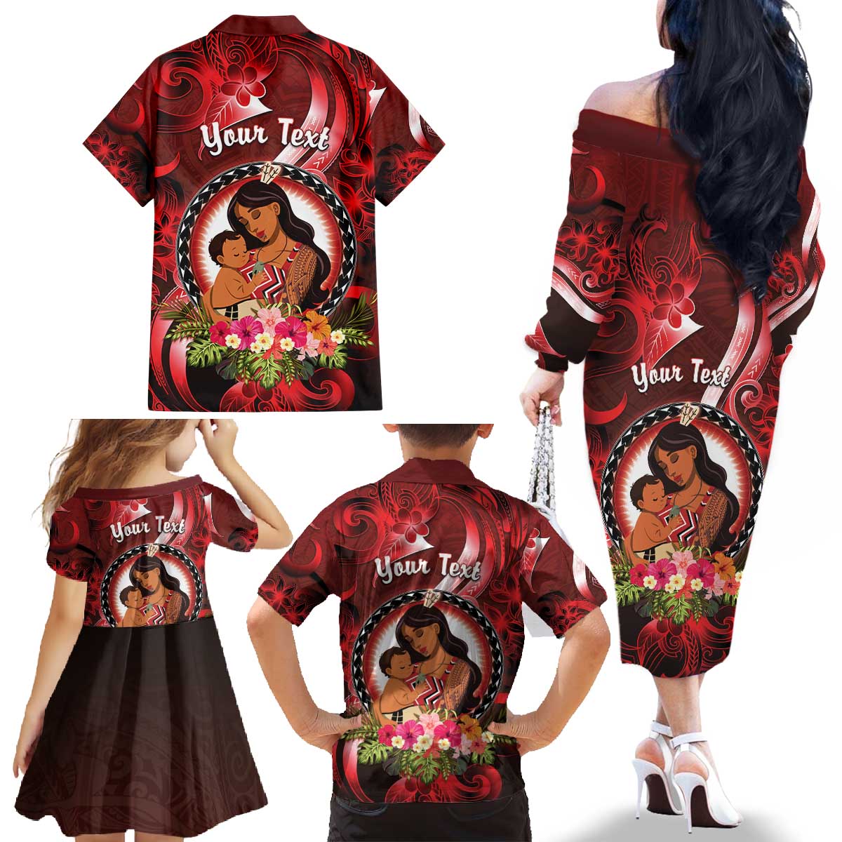 Personalised New Zealand Mother's Day Family Matching Off The Shoulder Long Sleeve Dress and Hawaiian Shirt I Love You Mom DT04 - Polynesian Pride