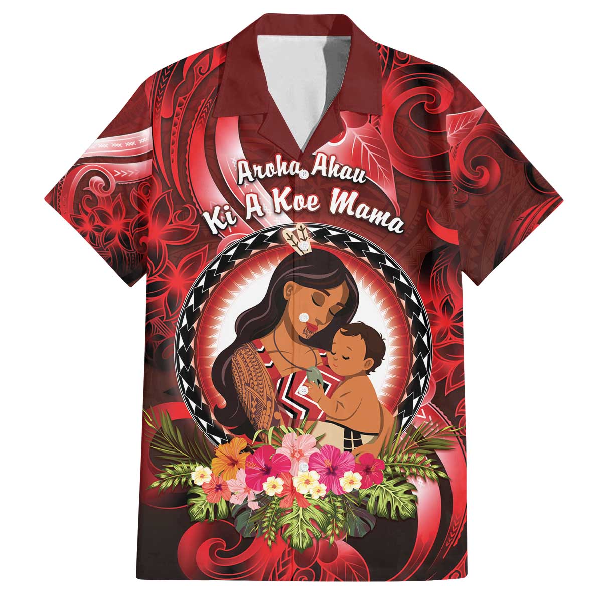 Personalised New Zealand Mother's Day Family Matching Off The Shoulder Long Sleeve Dress and Hawaiian Shirt I Love You Mom DT04 Dad's Shirt - Short Sleeve Red - Polynesian Pride