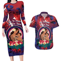 Personalised Samoa Mother's Day Couples Matching Long Sleeve Bodycon Dress and Hawaiian Shirt I Love You Mom DT04 Red - Polynesian Pride