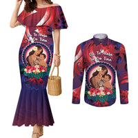Personalised Samoa Mother's Day Couples Matching Mermaid Dress and Long Sleeve Button Shirt I Love You Mom DT04 Red - Polynesian Pride