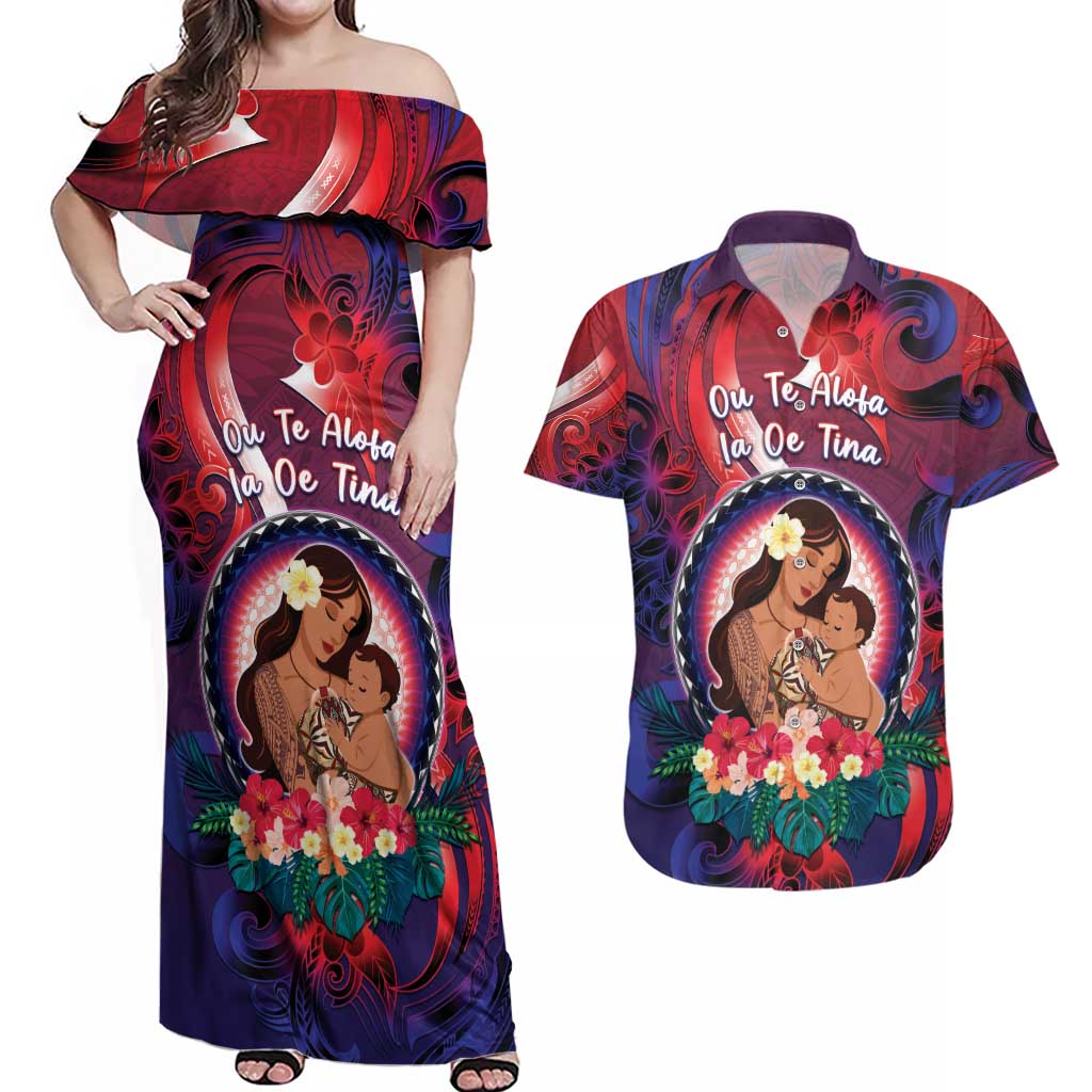 Personalised Samoa Mother's Day Couples Matching Off Shoulder Maxi Dress and Hawaiian Shirt I Love You Mom DT04 Red - Polynesian Pride