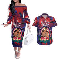 Personalised Samoa Mother's Day Couples Matching Off The Shoulder Long Sleeve Dress and Hawaiian Shirt I Love You Mom DT04 Red - Polynesian Pride