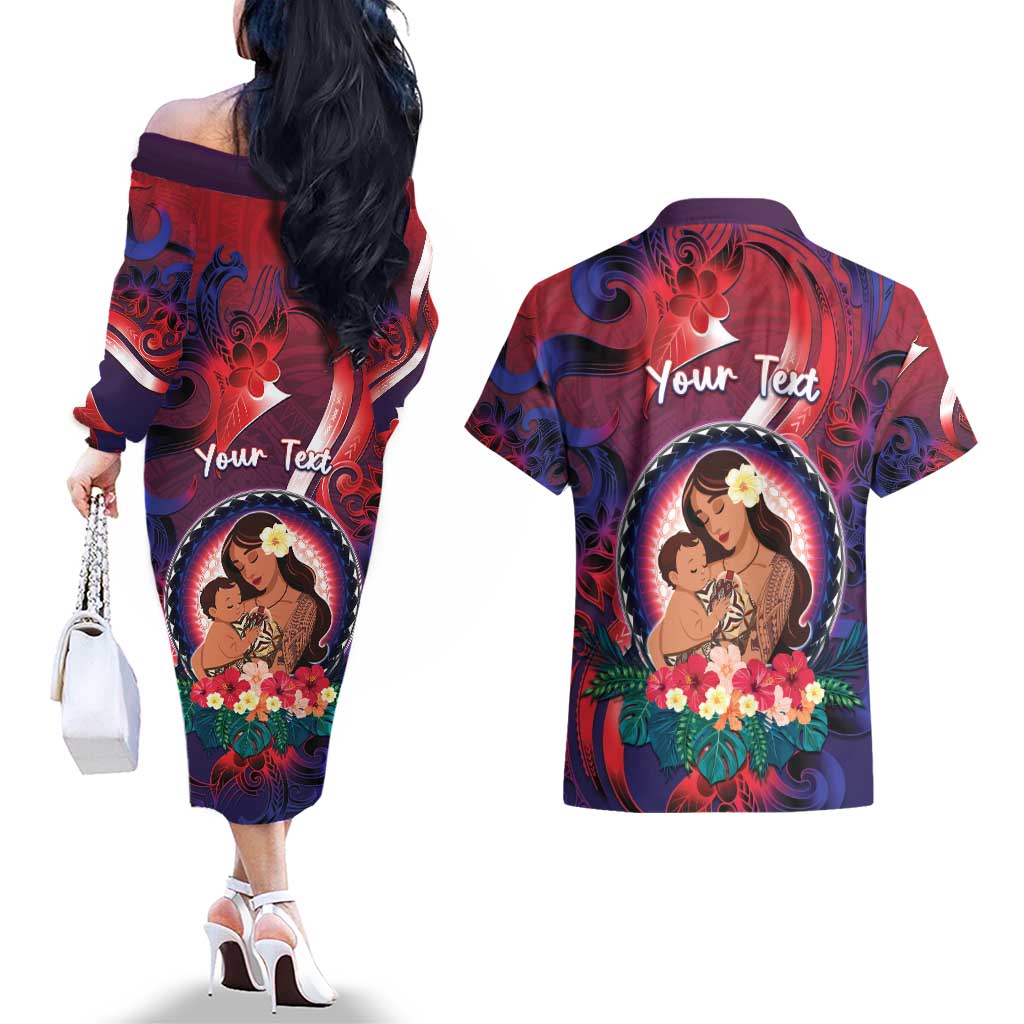 Personalised Samoa Mother's Day Couples Matching Off The Shoulder Long Sleeve Dress and Hawaiian Shirt I Love You Mom DT04 - Polynesian Pride