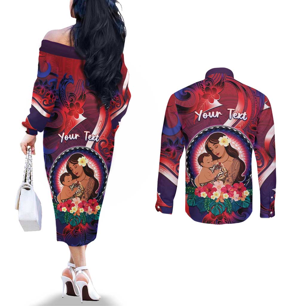 Personalised Samoa Mother's Day Couples Matching Off The Shoulder Long Sleeve Dress and Long Sleeve Button Shirt I Love You Mom DT04 - Polynesian Pride