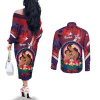 Personalised Samoa Mother's Day Couples Matching Off The Shoulder Long Sleeve Dress and Long Sleeve Button Shirt I Love You Mom DT04 - Polynesian Pride