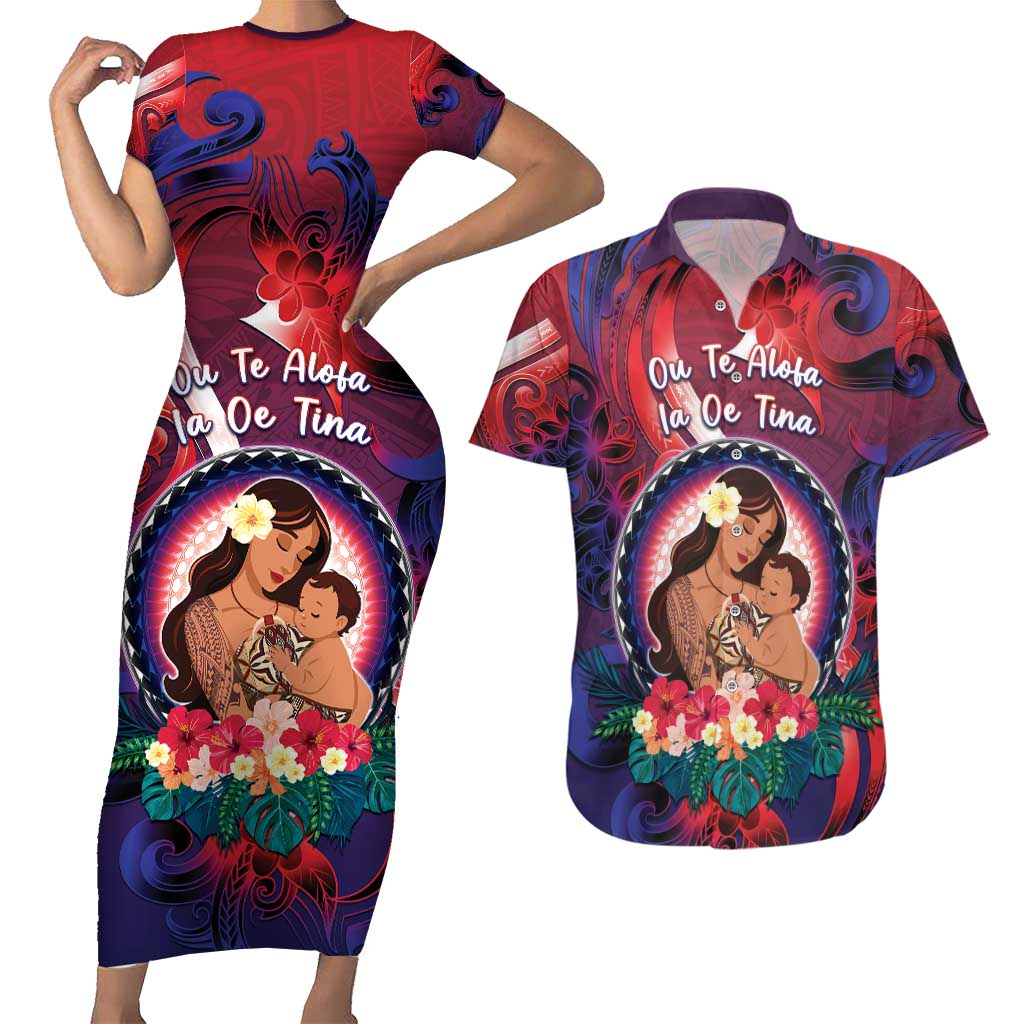 Personalised Samoa Mother's Day Couples Matching Short Sleeve Bodycon Dress and Hawaiian Shirt I Love You Mom DT04 Red - Polynesian Pride