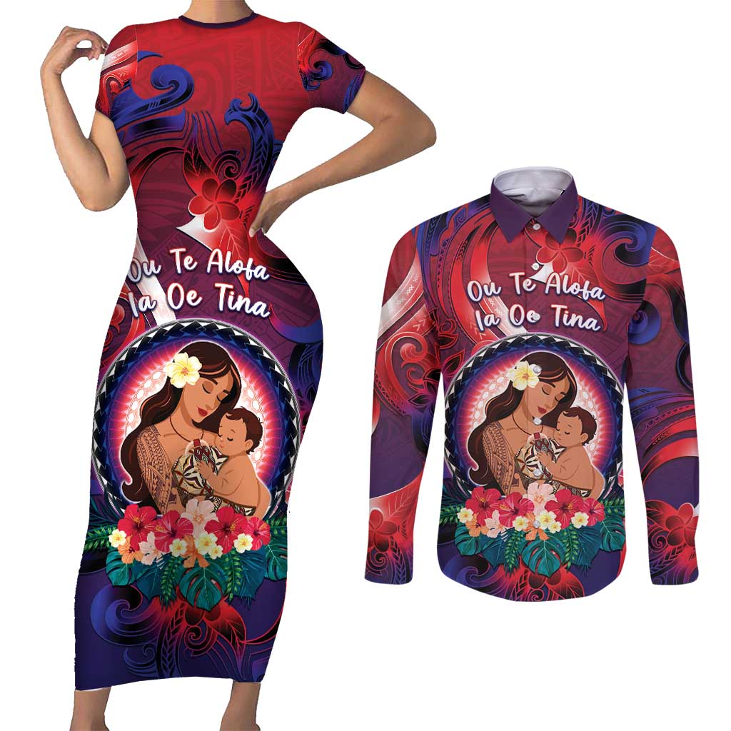 Personalised Samoa Mother's Day Couples Matching Short Sleeve Bodycon Dress and Long Sleeve Button Shirt I Love You Mom DT04 Red - Polynesian Pride