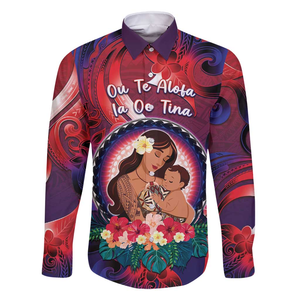 Personalised Samoa Mother's Day Family Matching Mermaid Dress and Hawaiian Shirt I Love You Mom DT04 Dad's Shirt - Long Sleeve Red - Polynesian Pride