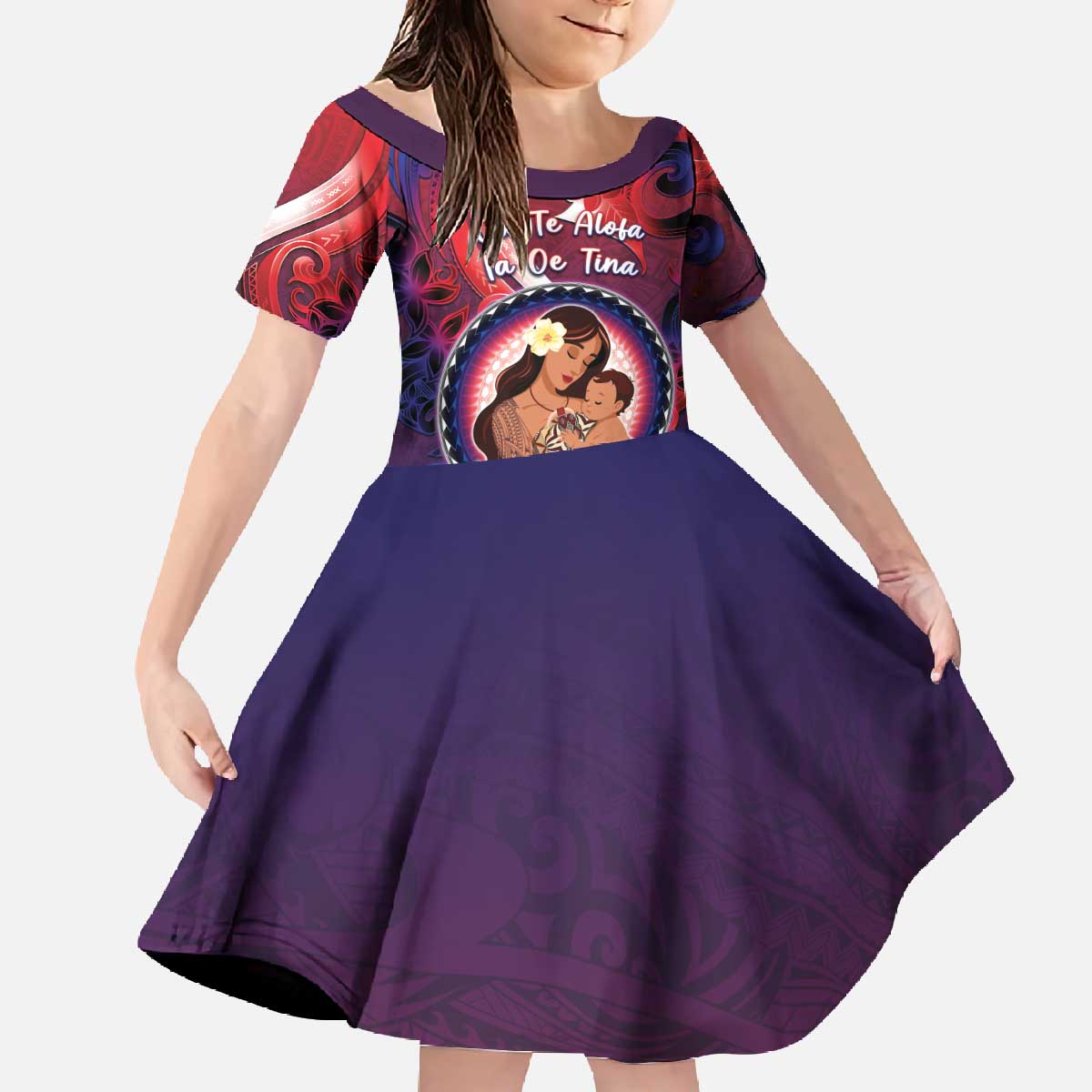 Personalised Samoa Mother's Day Family Matching Off The Shoulder Long Sleeve Dress and Hawaiian Shirt I Love You Mom DT04 Daughter's Dress Red - Polynesian Pride