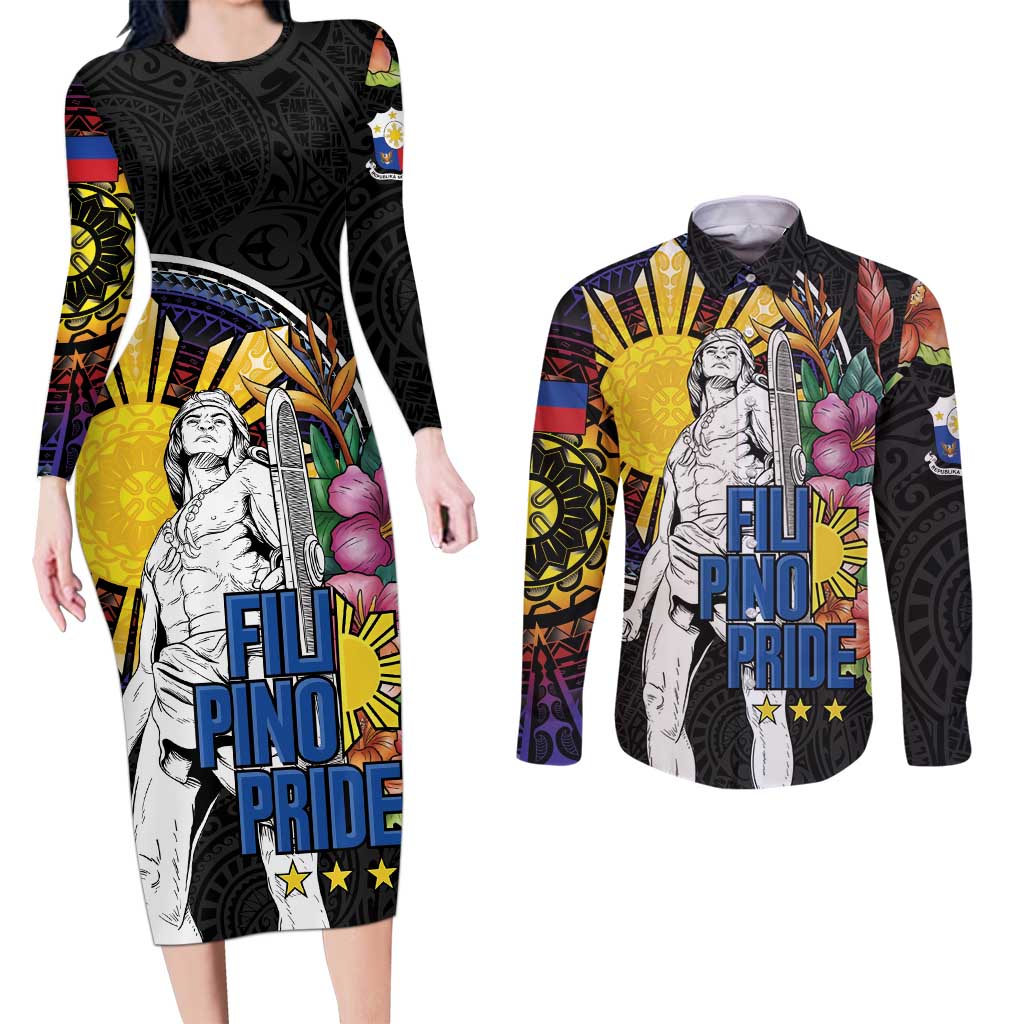 Filipinos Lapu-Lapu Hero Philippines Couples Matching Long Sleeve Bodycon Dress and Long Sleeve Button Shirt Hibiscus Flowers Style DT04 Black - Polynesian Pride