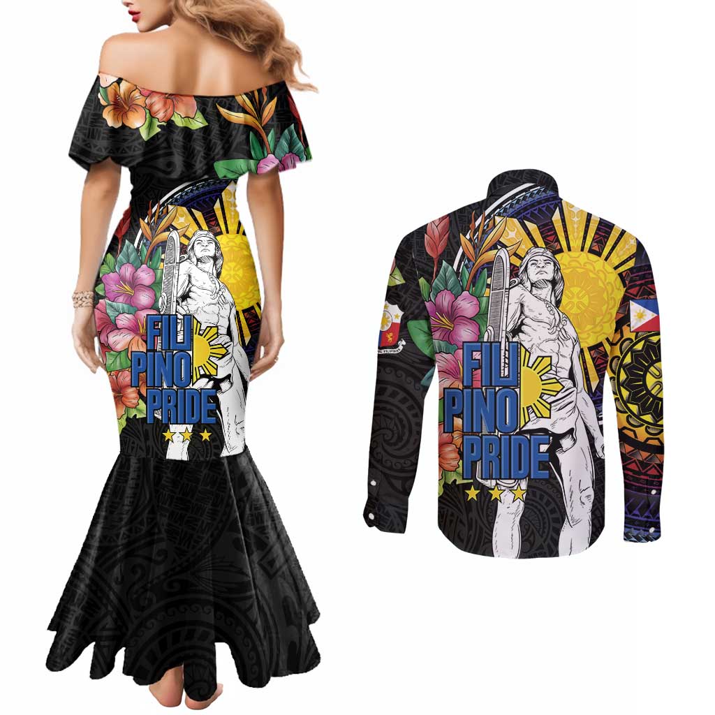 Filipinos Lapu-Lapu Hero Philippines Couples Matching Mermaid Dress and Long Sleeve Button Shirt Hibiscus Flowers Style DT04 - Polynesian Pride