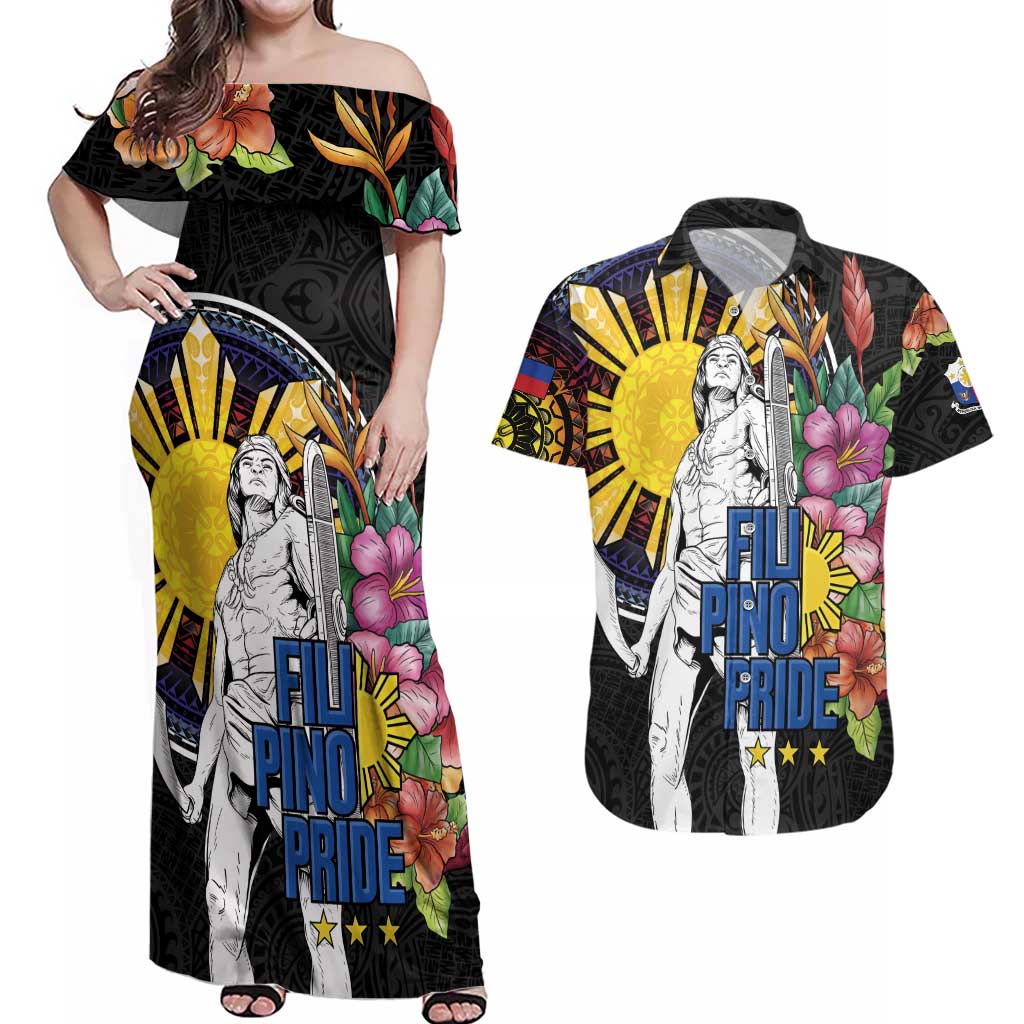 Filipinos Lapu-Lapu Hero Philippines Couples Matching Off Shoulder Maxi Dress and Hawaiian Shirt Hibiscus Flowers Style DT04 Black - Polynesian Pride