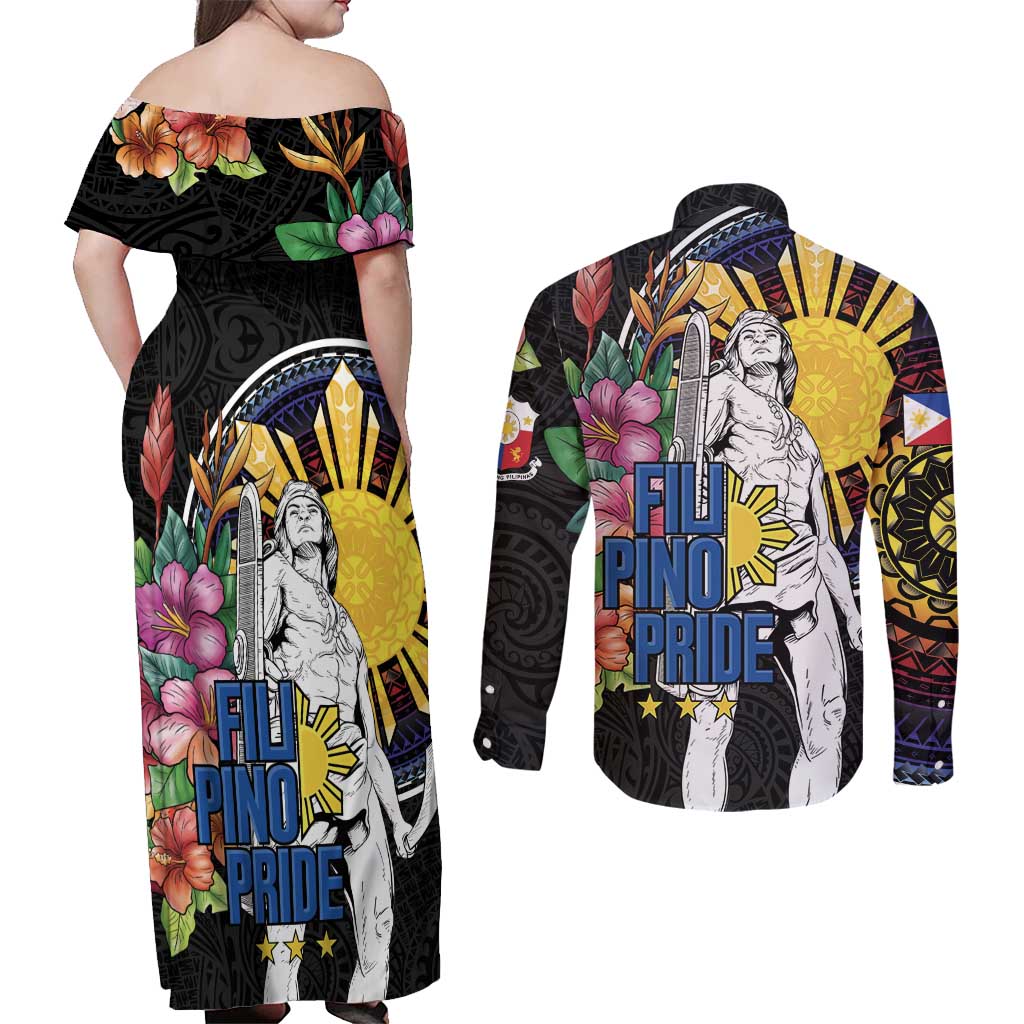 Filipinos Lapu-Lapu Hero Philippines Couples Matching Off Shoulder Maxi Dress and Long Sleeve Button Shirt Hibiscus Flowers Style DT04 - Polynesian Pride