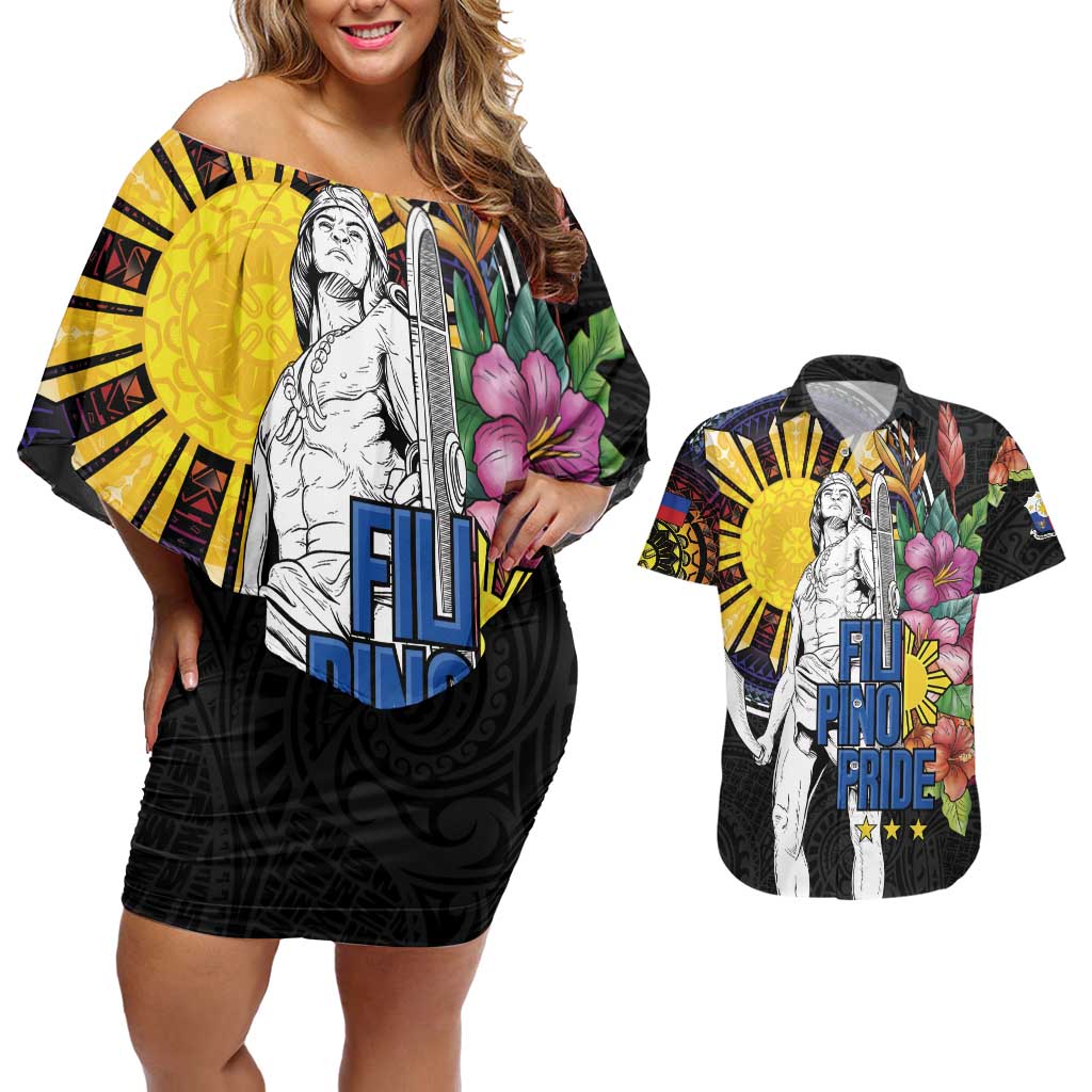 Filipinos Lapu-Lapu Hero Philippines Couples Matching Off Shoulder Short Dress and Hawaiian Shirt Hibiscus Flowers Style DT04 Black - Polynesian Pride