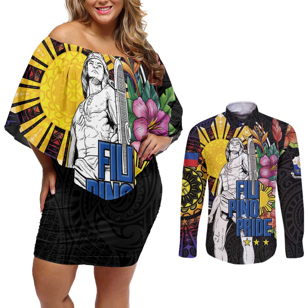 Filipinos Lapu-Lapu Hero Philippines Couples Matching Off Shoulder Short Dress and Long Sleeve Button Shirt Hibiscus Flowers Style DT04 Black - Polynesian Pride